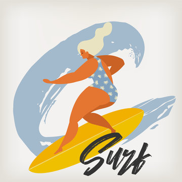 Surfing girl on the surf boards catching waves in the sea. Summer beach poster in vector.