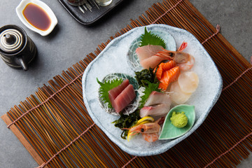 japanese foods sashimi (raw sliced fish, shellfish or crustaceans)
