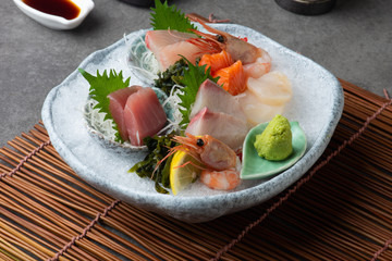 japanese foods sashimi (raw sliced fish, shellfish or crustaceans)