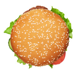 tasty burger isolated. Clipping path included. Top view