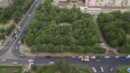 Aerial Drone Flight View of freeway city traffic jam. 