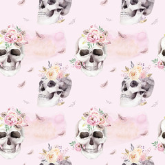Vintage watercolor patterns with skull and roses, wildflowers, Hand drawn illustration in boho style. Floral skull wallpaper, Day of The Dead