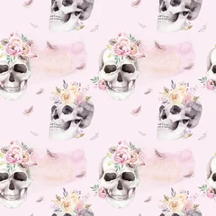 Wall murals Human skull in flowers Vintage watercolor patterns with skull and roses, wildflowers, Hand drawn illustration in boho style. Floral skull wallpaper, Day of The Dead