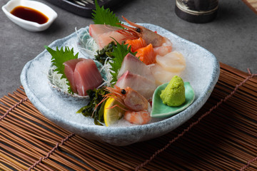 japanese foods sashimi (raw sliced fish, shellfish or crustaceans)