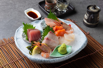 japanese foods sashimi (raw sliced fish, shellfish or crustaceans)