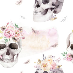 Motifs aquarelles vintage avec crâne et roses, fleurs sauvages, illustration dessinée à la main dans un style bohème. Papier peint crâne floral, Jour des morts
