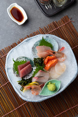 japanese foods sashimi (raw sliced fish, shellfish or crustaceans)