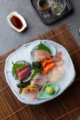 japanese foods sashimi (raw sliced fish, shellfish or crustaceans)