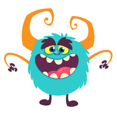 Cartoon Happy Monster With Big Mouth Laughing . Vector illustration of blue monster character. Halloween design