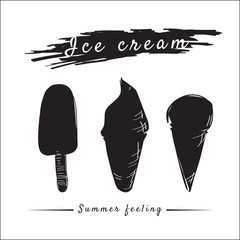 Ice cream set. Popsicles and cones, silhouette decoration and colors. Vector, isolated