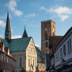 Fototapeta na wymiar View to Ribe cathedral in Denmark south Jutland seen from the pedestrian street