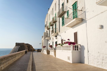 Seafront promede with fortification wall remains in Monopoli, Adriatic Sea, Apulia, Bari province, Italy, Europe