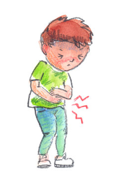 Cute cartoon child suffering from stomach ache. Illustration painted in watercolor and colored pencils on clean white background