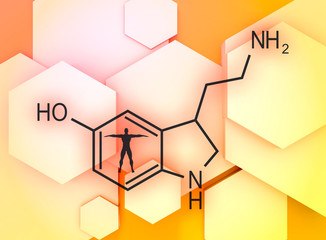 Chemical molecular formula hormone serotonin. Infographics illustration. Man silhouette. The shapes of hexagon background. 3D rendering