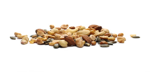 Healthy food mix of peanuts, seeds,  almonds, roasted soybeans and cashews isolated on white background