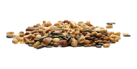Healthy food mix of peanuts, seeds,  almonds, roasted soybeans and cashews isolated on white background