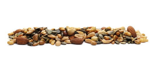 Healthy food mix of peanuts, seeds,  almonds, roasted soybeans and cashews isolated on white background