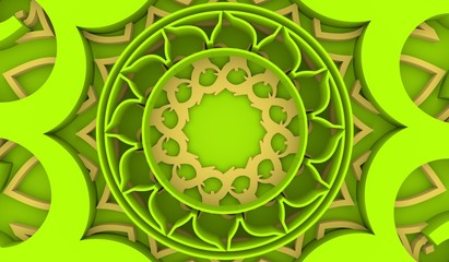 Decorative design element. Patterns with geometric ornament. Circular ornamental symbol. Islam, Arabic and Indian, ottoman motifs. 3D rendering