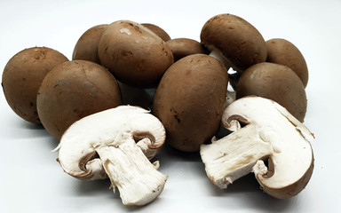 Frische braune Champignons freigestellt auf neutralem Hintergrund