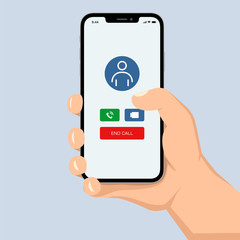 Brutal human hand holding smartphone with white screen flat style illustration
