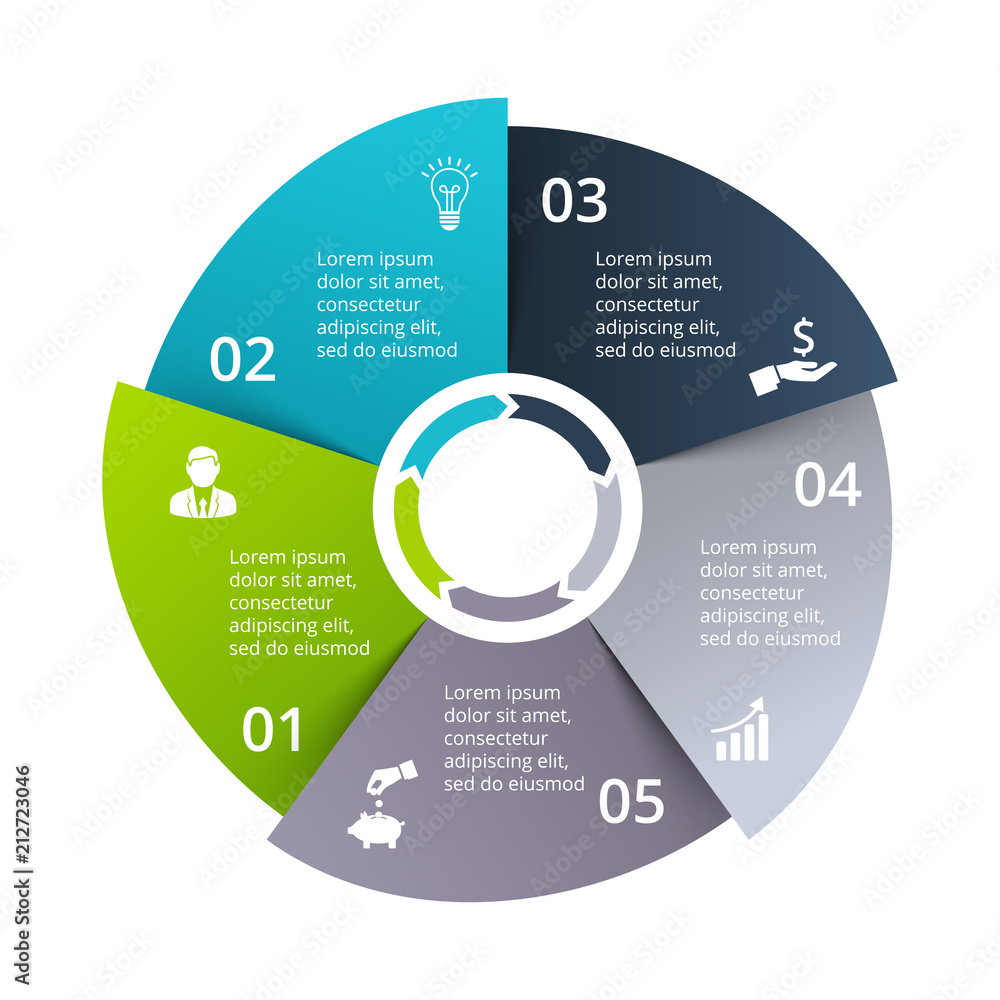 Poster circle diagram divided into 5 parts, steps or options. vector origami infographic design template. i