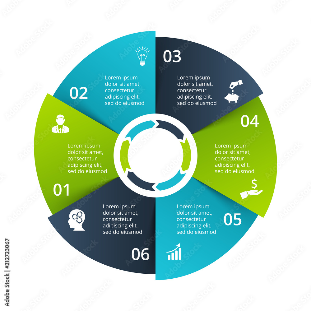 Aufkleber circle diagram divided into 6 parts, steps or options. vector origami infographic design template. i