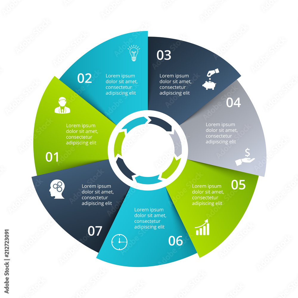 Aufkleber circle diagram divided into 7 parts, steps or options. vector origami infographic design template. i