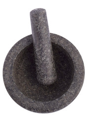 mortar and pestle made of marble isolated in front of white background, black and gray mortar and...