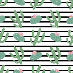 green plants cactus peyote seamless pattern on a black and white horizontal strips background summer fashion print vector - 212723075
