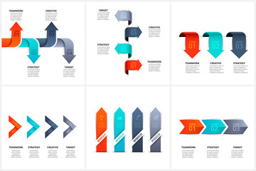 Set of vector arrows infographic design layouts with 3 and 4 options, parts or step. Illustration for project steps visualization. Modern design elements. Business presentation.