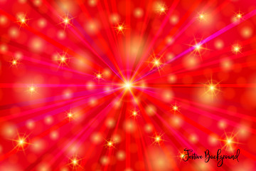 Fototapeta premium Shiny, festive bright background with random, chaotic, scattered bokeh lights, rays in red colors.