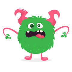 Happy cartoon monster with big mouth full of teeth. Vector green monster illustration. Halloween design © drawkman