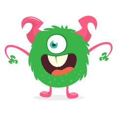 Scary cartoon one eyed monster. Vector Halloween green monster illustration
