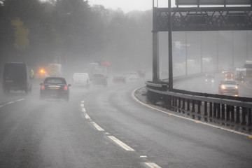 Driving on a motorway in a bad weather in England