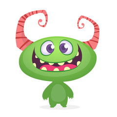 Funny cartoon monster. Vector green horned monster illustration. Halloween design