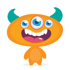 Cool cartoon alien with three eyes. Vector orange monster illustration. Halloween design
