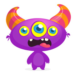 Cool cartoon alien with three eyes. Vector purple monster illustration. Halloween design