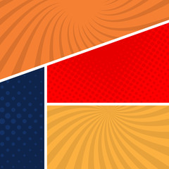 Colorful comic book page background in pop art style. Empty template with rays and dots pattern. Vector illustration
