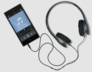 Meloman kit, black phone with modern headphones on white background. Modern phone on the table. A headset connected to the phone. Music phone with player. EPS 10 vector illustration