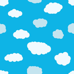 Seamless background with blue sky and white cartoon clouds. Vector illustration.
