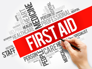First aid word cloud collage, healthcare concept background
