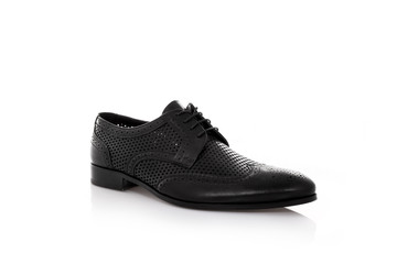 Close up of a black mens derby shoes on white background with reflection. Fashion advertising shoes photos.