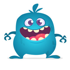 Happy cartoon monster laughing. Vector blue monster illustration. Halloween design