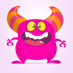 Happy cartoon monster with big mouth. Vector pink  monster illustration. Halloween design