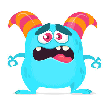Scared cartoon monster with big mouth. Vector blue monster illustration. Halloween design