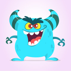 Cute cartoon monster  with horns. Smiling monster emotion with big mouth. Halloween vector illustration