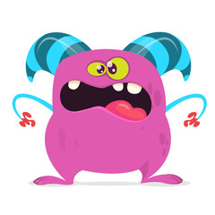 Happy cartoon monster. Halloween pink furry monster vector illustration