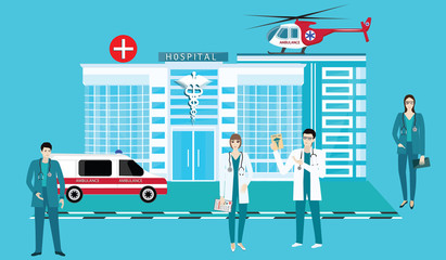 Hospital, Doctors in uniform - men and women - car Ambulance, medical Helicopter - flat style - art vector.