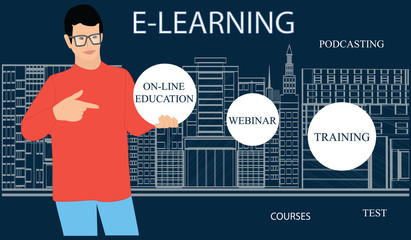 Distance Education - man shows his hand on the topics of courses - a city building background - vector illustration art.