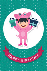 birthday card decoration with kids in pig costume